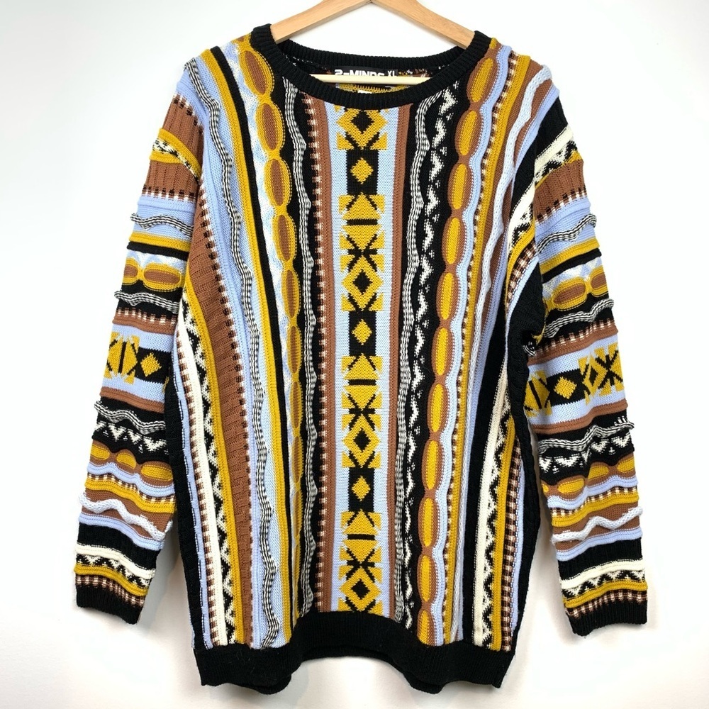 3D Knit Sweater Men’s Coogi Style 2-minds Sz XL Grandpacore Multicolor Abstract